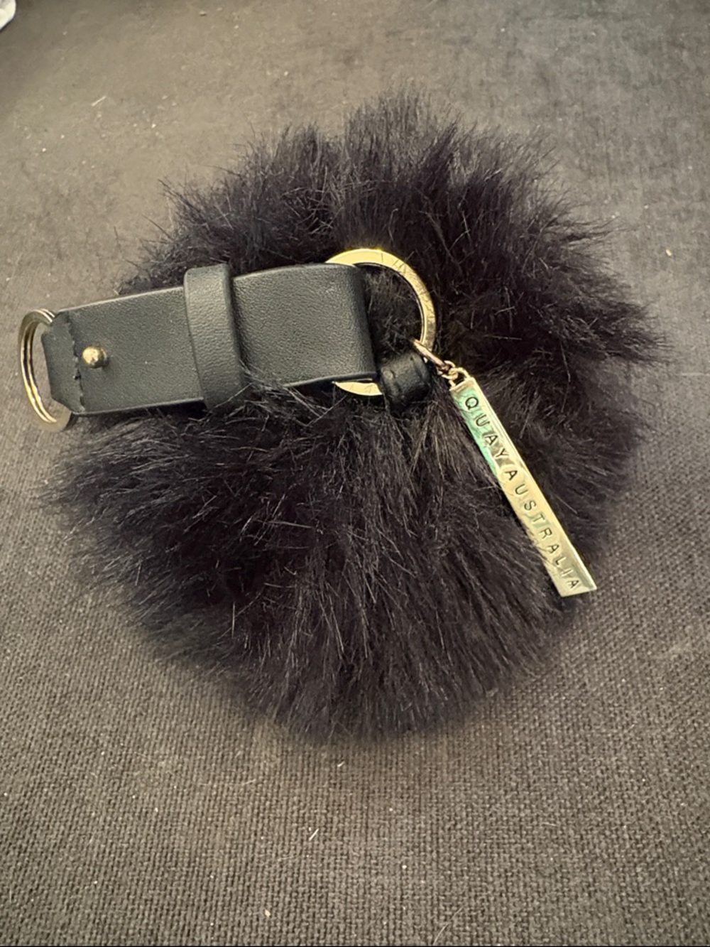 OUAI Black Faux Fur Pom Key & Card Holder with Gold Tag